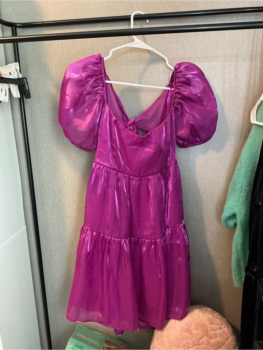 Girls' Shimmering Magenta Puff-Sleeve Tiered Dress